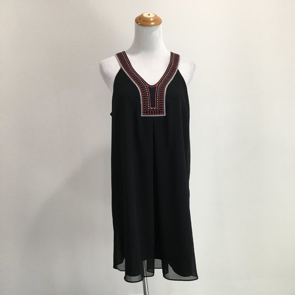 BCBGENERATION Black Multi Color Embroidery V Neck Chiffon Sleeveless Dress - Picture 4 of 9